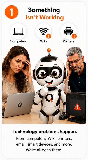 Step 1. Something isn't working. Computers, WiFi, printers, email, smart devices and more. We have all been there.
